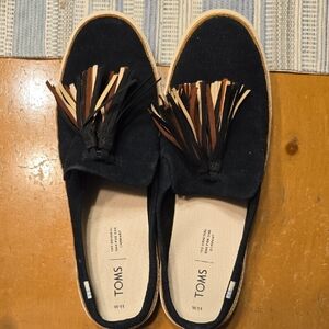 Toms Black and Brown Suede Loafers with Tassel Details